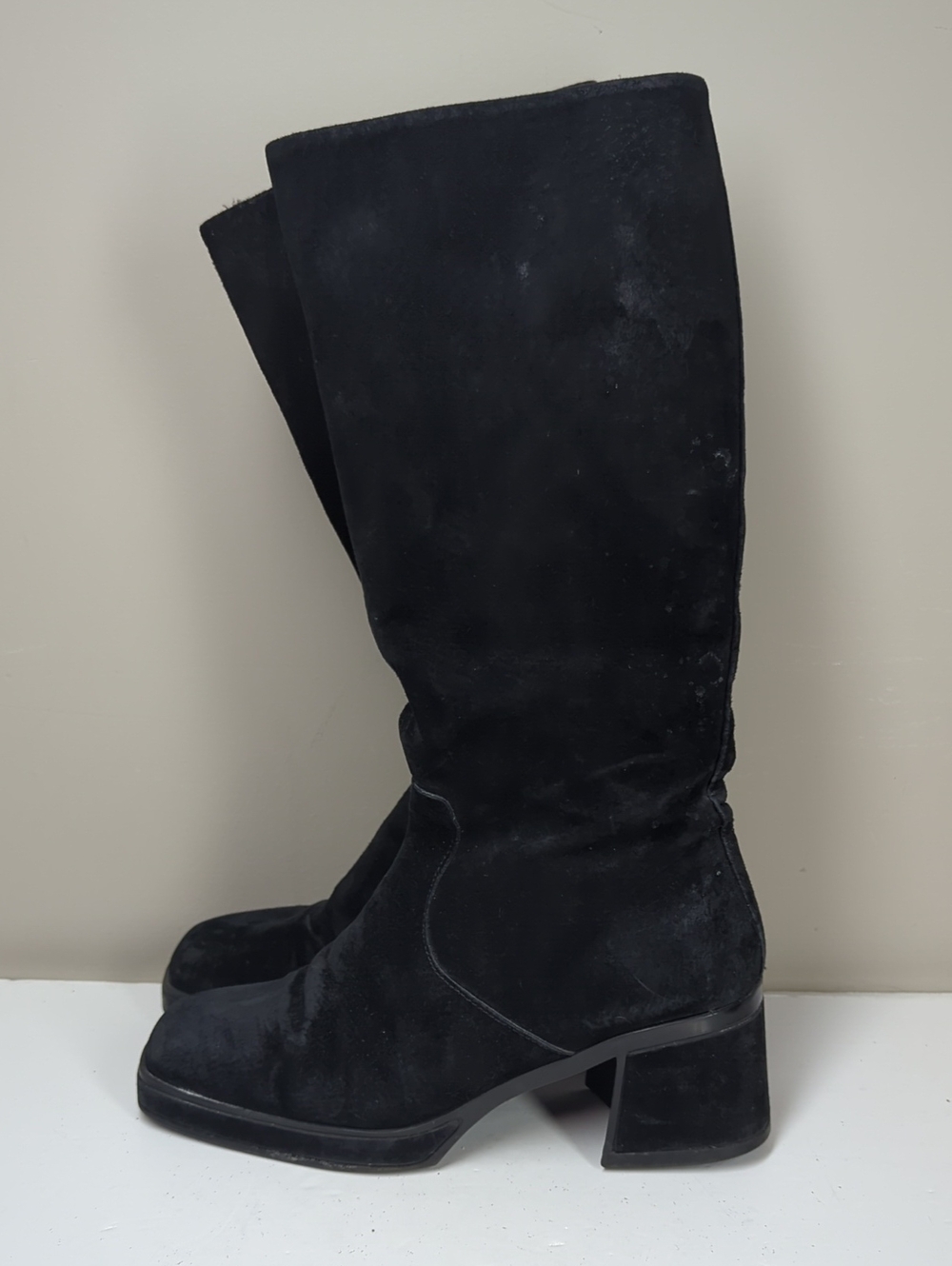 Vintage 90s Hush Puppies Made in Canada Black Suede Tall Boots 70s Style 8